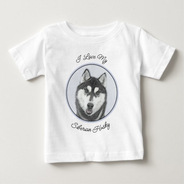 Sibirischer Husky (Schwarz und Weiß) Malerei Hunde Baby T-shirt (Vorderseite)