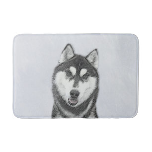 Sibirischer Husky (Schwarz und Weiß) Malerei Hunde Badematte
