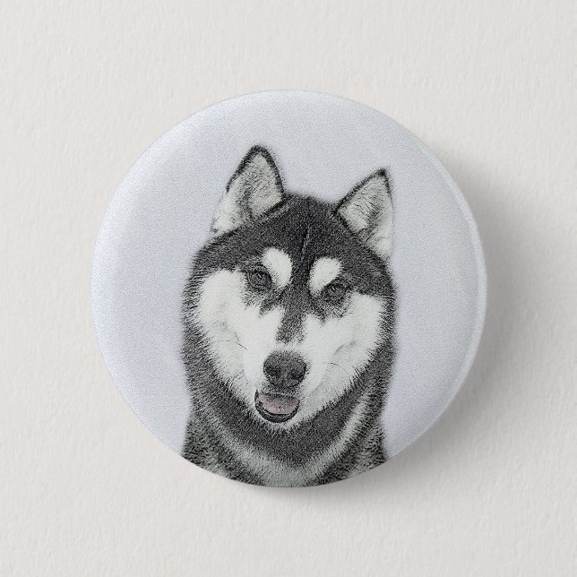 Sibirischer Husky (Schwarz und Weiß) Malerei Hunde Button (Vorderseite)
