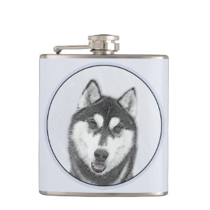 Sibirischer Husky (Schwarz und Weiß) Malerei Hunde Flachmann