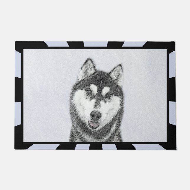 Sibirischer Husky (Schwarz und Weiß) Malerei Hunde Fußmatte (Vorderseite)
