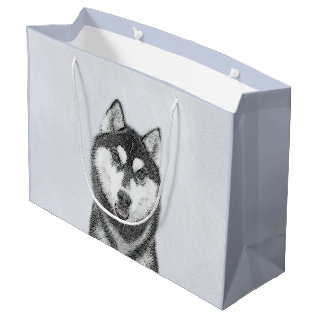 Sibirischer Husky (Schwarz und Weiß) Malerei Hunde Große Geschenktüte (Rückseite Schrägansicht)