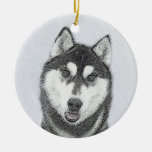 Sibirischer Husky (Schwarz und Weiß) Malerei Hunde Keramik Ornament