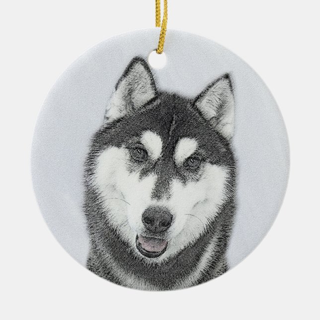 Sibirischer Husky (Schwarz und Weiß) Malerei Hunde Keramik Ornament (Vorne)
