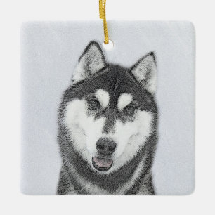 Sibirischer Husky (Schwarz und Weiß) Malerei Hunde Keramikornament