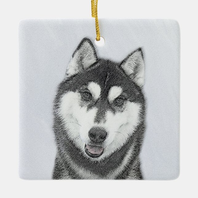 Sibirischer Husky (Schwarz und Weiß) Malerei Hunde Keramikornament (Vorderseite)
