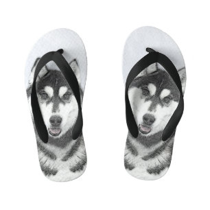 Sibirischer Husky (Schwarz und Weiß) Malerei Hunde Kinderbadesandalen