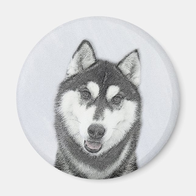 Sibirischer Husky (Schwarz und Weiß) Malerei Hunde Magnet (Vorne)