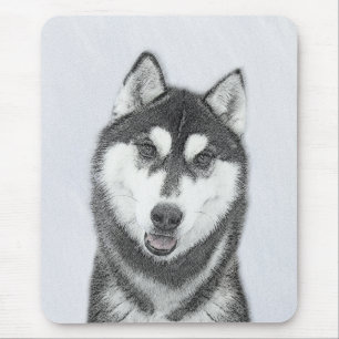 Sibirischer Husky (Schwarz und Weiß) Malerei Hunde Mousepad