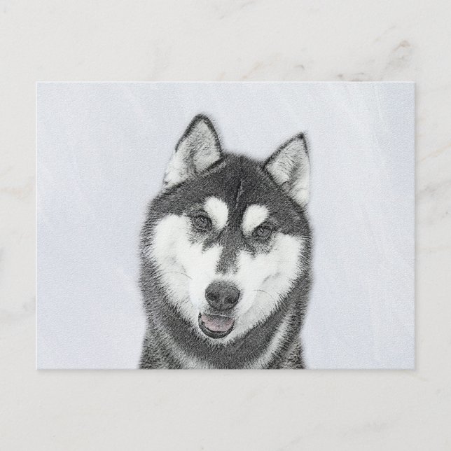 Sibirischer Husky (Schwarz und Weiß) Malerei Hunde Postkarte (Vorderseite)