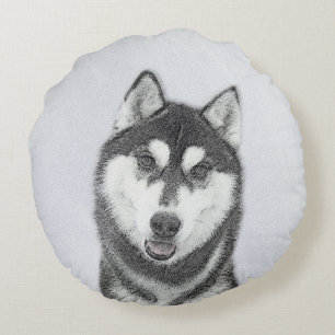 Sibirischer Husky (Schwarz und Weiß) Malerei Hunde Rundes Kissen
