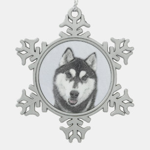Sibirischer Husky (Schwarz und Weiß) Malerei Hunde Schneeflocken Zinn-Ornament