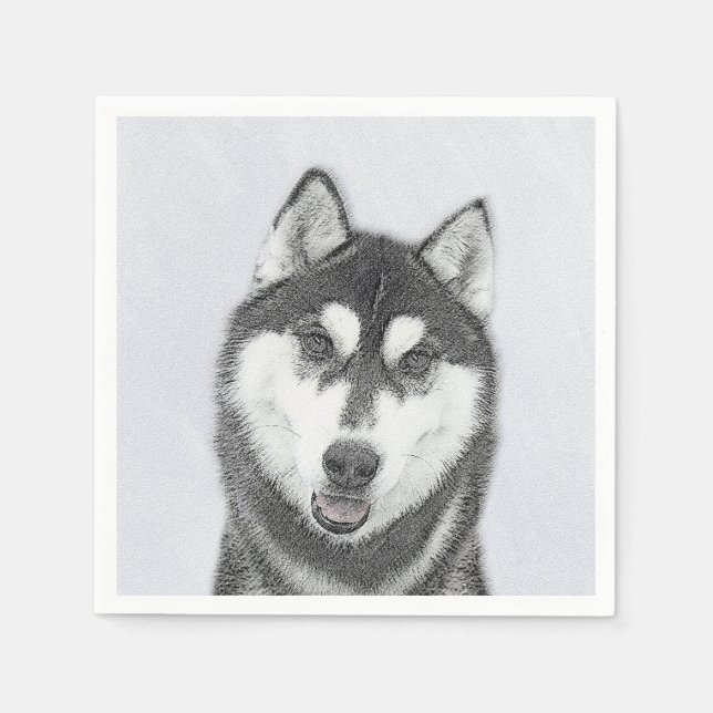 Sibirischer Husky (Schwarz und Weiß) Malerei Hunde Serviette (Vorderseite)