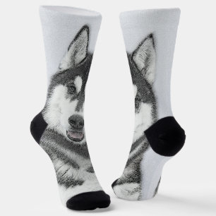 Sibirischer Husky (Schwarz und Weiß) Malerei Hunde Socken