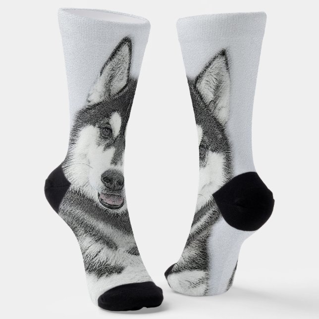 Sibirischer Husky (Schwarz und Weiß) Malerei Hunde Socken (Gewinkelt)
