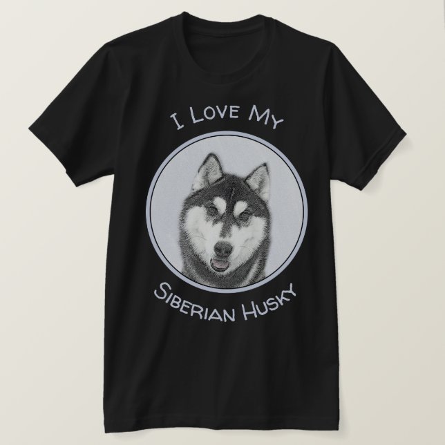Sibirischer Husky (Schwarz und Weiß) Malerei Hunde T-Shirt (Design vorne)