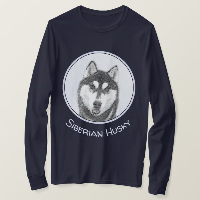 Sibirischer Husky (Schwarz und Weiß) Malerei Hunde T-Shirt (Design vorne)