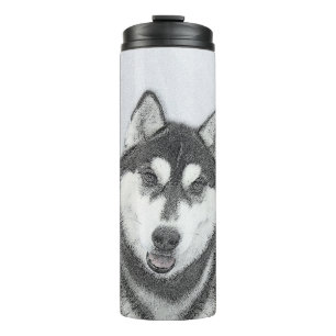 Sibirischer Husky (Schwarz und Weiß) Malerei Hunde Thermosbecher