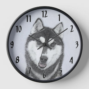 Sibirischer Husky (Schwarz und Weiß) Malerei Hunde Uhr