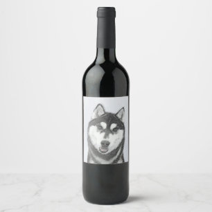 Sibirischer Husky (Schwarz und Weiß) Malerei Hunde Weinetikett