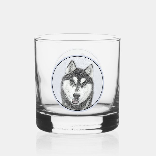 Sibirischer Husky (Schwarz und Weiß) Malerei Hunde Whiskyglas (Vorderseite)