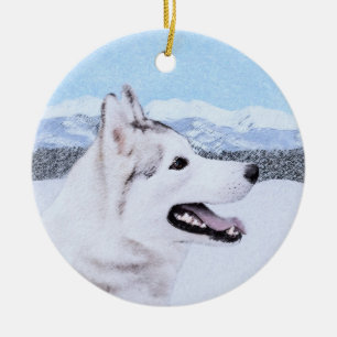 Sibirischer Husky (Silber und Weiß) Malerei Keramik Ornament