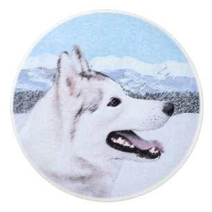 Sibirischer Husky (Silber und Weiß) Malerei Keramikknauf