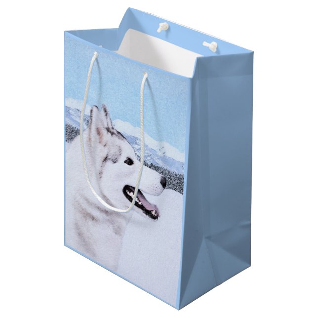 Sibirischer Husky (Silber und Weiß) Malerei Mittlere Geschenktüte (Vorderseite Schrägansicht)