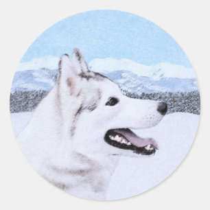 Sibirischer Husky (Silber und Weiß) Malerei Runder Aufkleber