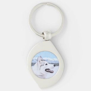 Sibirischer Husky (Silber und Weiß) Malerei Schlüsselanhänger