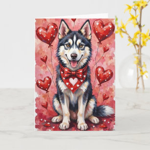 Sibirischer Husky Valentinstag Hund sitzt mit Herz Karte