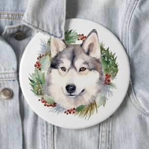 Sibirischer Husky-Weihnachtskranz Festlicher Hund Button