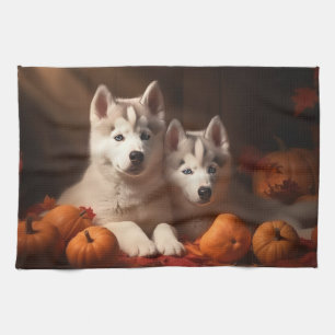 Sibirischer Husky-Welpe Herbstfreude Kürbis Geschirrtuch
