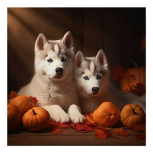 Sibirischer Husky-Welpe Herbstfreude Kürbis Poster
