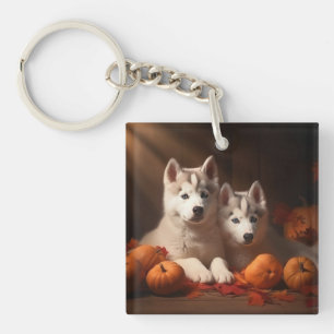 Sibirischer Husky-Welpe Herbstfreude Kürbis Schlüsselanhänger