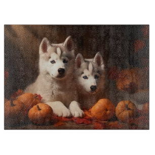 Sibirischer Husky-Welpe Herbstfreude Kürbis Schneidebrett