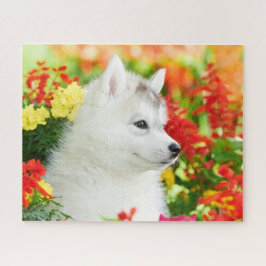 Sibirischer Husky-Welpe in Blume-Rätsel Puzzle