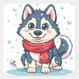 Sibirischer Husky-Welpe mit rotem Schal im Schnee Quadratischer Aufkleber