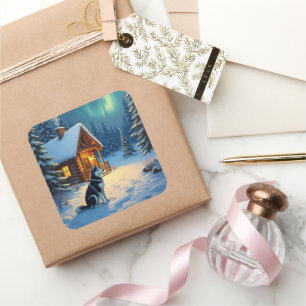 Sibirisches Husky-Schneehütten-Weihnachtsbild Quadratischer Aufkleber