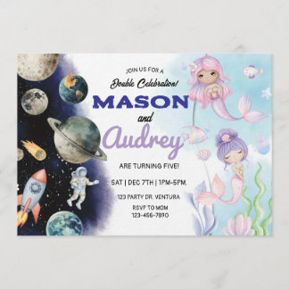 Sibling Birthday, Joint Birthday, Space, Mermaid Einladung