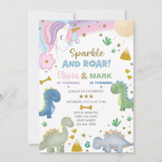 Siblings unicorn and dinosaur birthday invite. einladung