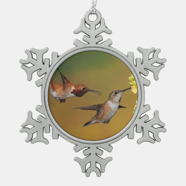 Sich hin- und herbewegender Rufous Kolibri Schneeflocken Zinn-Ornament (Vorderseite)