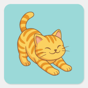 Sich streckende orange getigerte Katze grün Quadratischer Aufkleber