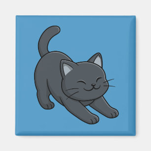 Sich streckende schwarze Katze auf Blau Magnet