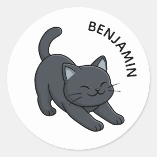 Sich streckende schwarze Katze mit individuellem N Runder Aufkleber