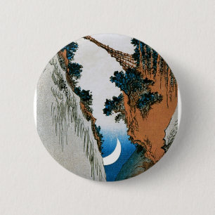 Sichelförmiger Mond, Brücke und Wasserfall. Japa Button