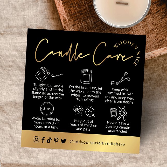 Sicherheitskarte für Schwarz-Gold-Logos aus Holz Quadratische Visitenkarte (Black and gold wooden wick candle care cards that will make your candle packaging extra lux)