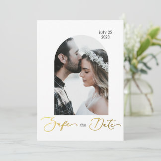 Sichern des Datums Foto, goldenes Skript Einladung