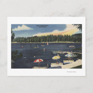 Sicht auf den See, von Bäumen umgebene Küste Postkarte