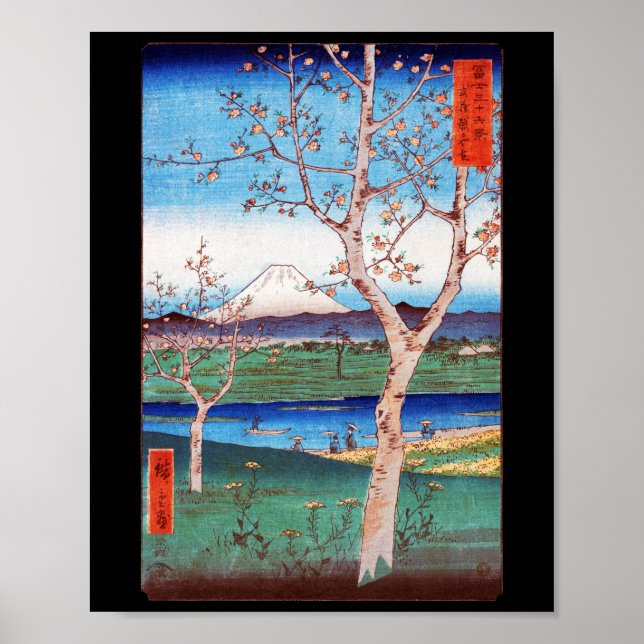 Sicht auf die Fuji- und Kirschblüten, Hiroshige Poster (Vorne)